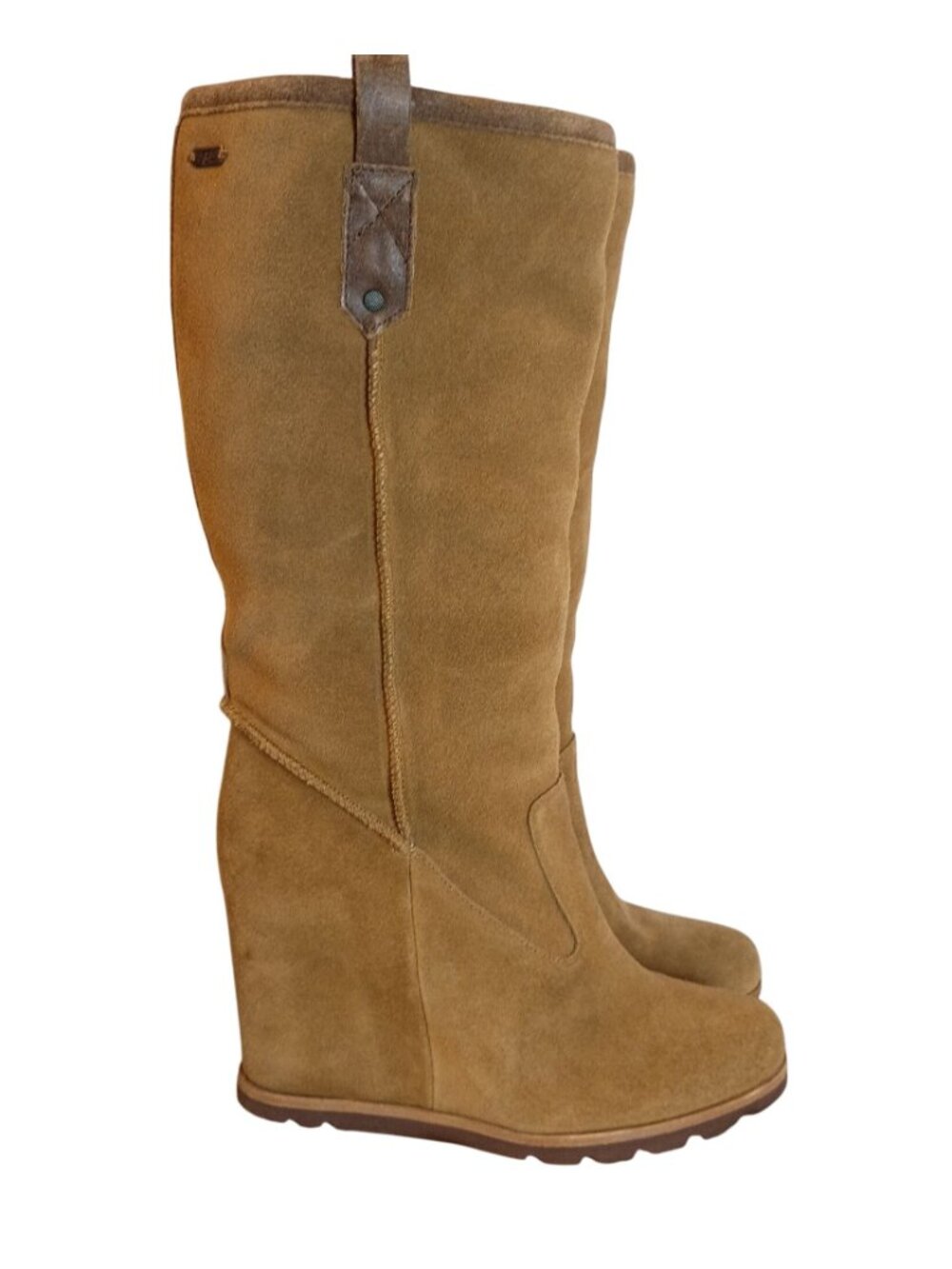 UGG Soleil Womens 8.5 Chestnut Suede Tall Knee High Wedge Shearling Boots - Picture 8 of 11